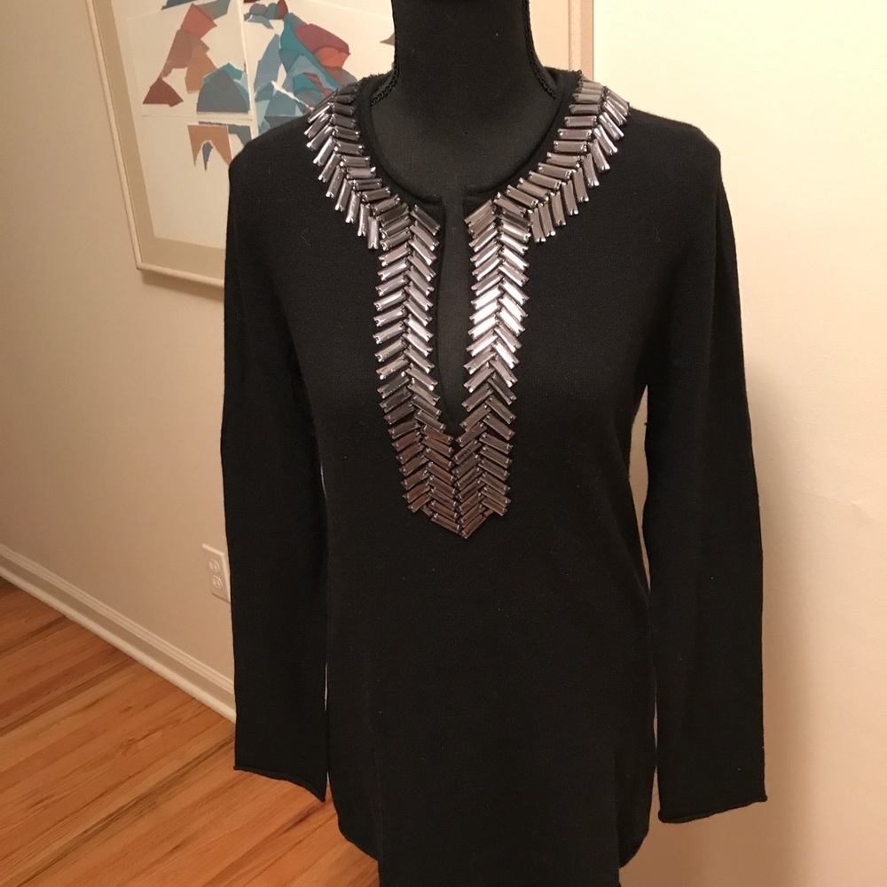 Tory Burch embellished v-neckline pullover tunic knit sweater Size S
